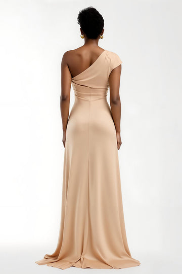 Robe longue de demoiselle d’honneur gaine à une épaule champagne avec manches